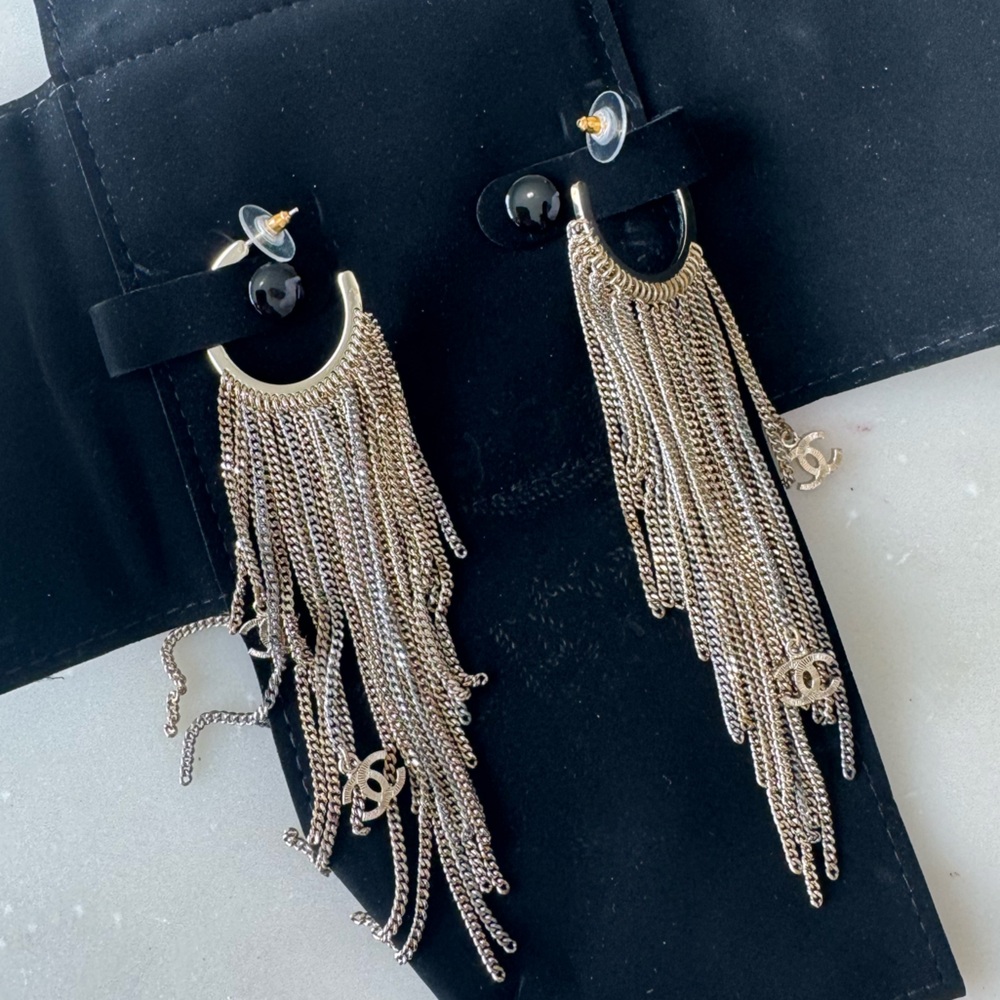 Chanel Fringe Gold Chain Hoop Earrings - Picture 3 of 6
